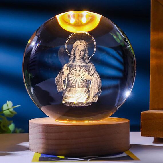 FUFRE Kristallkugel Nachtlicht, Betende 3D-glaskugel Mit Holzsockel,weihnachtsdeko Glaskugel Lampe, Jesus-Kreuz-moon-planeten, Religiöse Geschenke Für Die Inneneinrichtung (Unsere Liebe Frau)