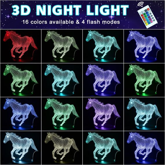 Pferde Nachtlicht Kinder, 3D LED Pferd Lampe 16 Farben Farbwechsel mit Fernbedienung, Pferd Nachtlicht Zimmer Deko, Geburtstag Weihnachten Pferde Geschenke für Mädchen Jungen Kinder Pferdeliebhaber