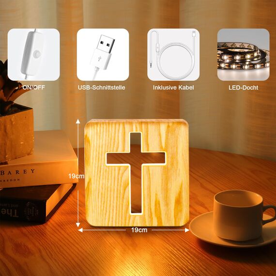 Jesus Kreuz Nachtlicht,Kreative Modellierung 3D Holzschnitzerei LED Nachtleuchte,USB-betriebener Warmweiß Licht Tischlampe Schlafzimmer Dekoration Holzlampe Beleuchtetes Geschenk Christen Religiös