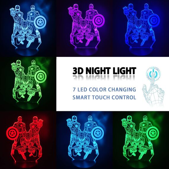 AIRUEEK Spider Spielzeug 3D Nachtlicht, Superhelden figuren für Jungen 16 Farben Dimmbar mit Touch Lampe für Iron Man, Captain America Geschenke