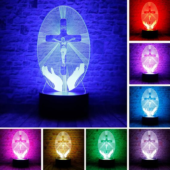 junnire Christus Jesus Kreuz 3D LED Schlafzimmer Dekor Schlaftischlampe mit Fernbedienung 7 Farben Visuelles Nachtlicht Geburtstag Ostern christliches Geschenk für religiöse Frauen Männer Kinder
