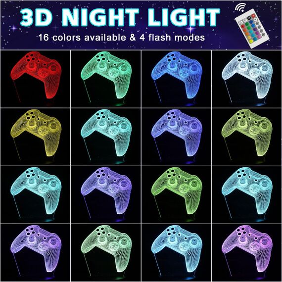 Gaming Nachtlicht Kinder, 3D LED Gaming Lampe 16 Farben Farbwechsel mit Fernbedienung, Gamepad Nachtlicht Zimmer Deko, Geburtstag Weihnachten Gamer Geschenke für Spiel Fans Kinder Herren Jungen Männer
