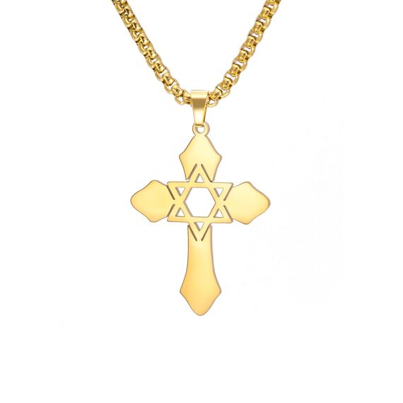kkjoy Kreuz mit Davidstern Anhänger Halskette Ohrringe Schlüsselanhänger Edelstahl Hexagramm am Kreuz Gebetsamulett Schmuck für Frauen Männer (Halskette C (Kastenkette, 60cm)-Gold)