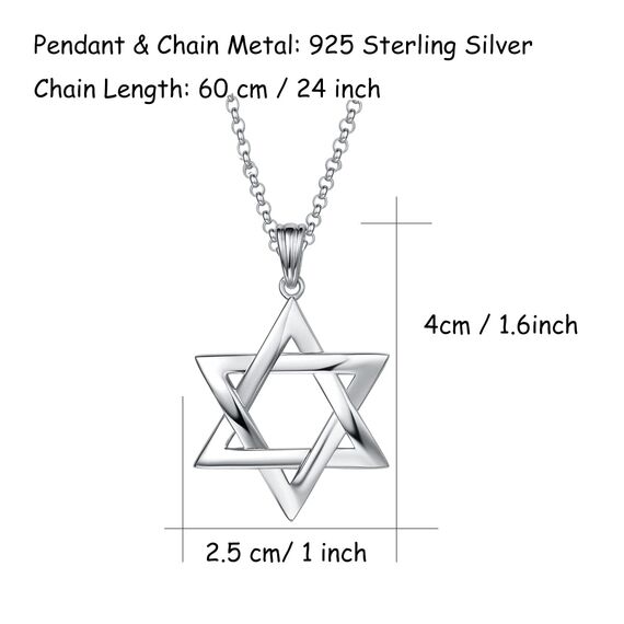 Solide 925 Sterling Silber mit Weiß Vergoldet Magen David Stern Anhänger mit Silber Kette DavidStern für Herren Jungs Kinder - Kettenlänge: 60 cm