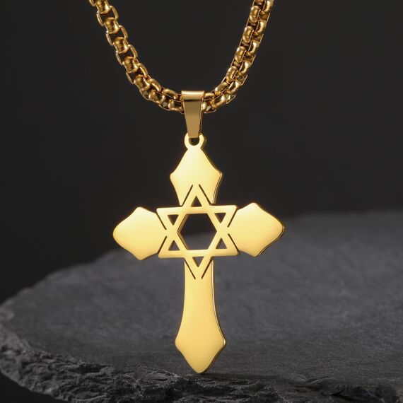 kkjoy Kreuz mit Davidstern Anhänger Halskette Ohrringe Schlüsselanhänger Edelstahl Hexagramm am Kreuz Gebetsamulett Schmuck für Frauen Männer (Halskette C (Kastenkette, 60cm)-Gold)