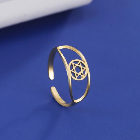 TEAMER Davidstern-Ring aus Edelstahl, verstellbar, Vintage-Fingerring, jüdischer Magen-Amulett-Schmuck für Frauen (Stil 3 – Gold)