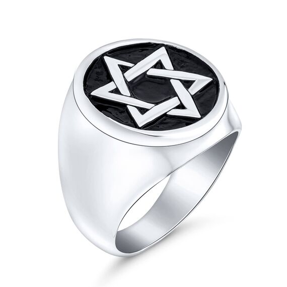 Bling Jewelry Personalisiere Große Religiöse Aussage Magen Judaic Hanukkah Davidstern Bar Mitzvah Runden Siegelring Für Männer Emaille Silber Ton Edelstahl Individuell Graviert