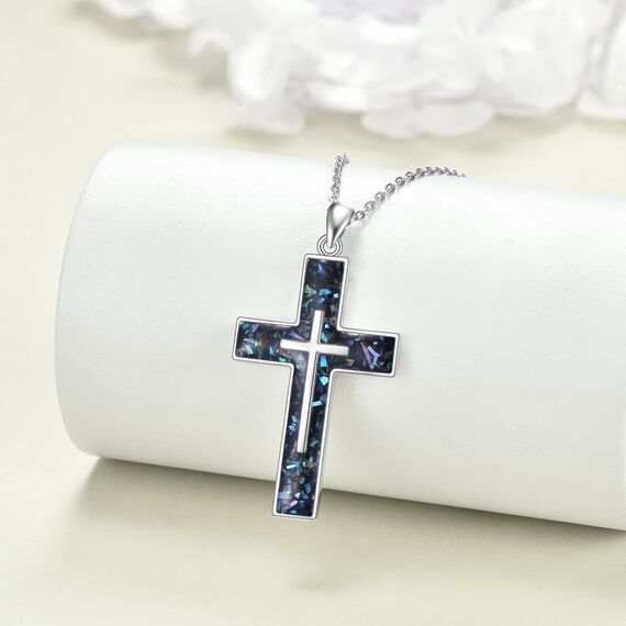 YFN Kreuz Halskette Sterling Silber Abalone Shell Kreuz Anhänger Religiöser Schmuck Geschenke für Damen Herren