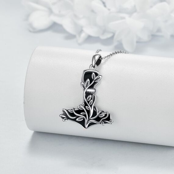 CUPENDA Thor Hammer Halskette Sterling Silber Mjolnir Baum des Lebens Anhänger mit Schwarzer Obsidian Nordic Wikinger Schmuck Geschenke für Damen