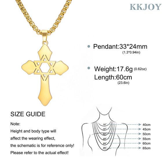 kkjoy Kreuz mit Davidstern Anhänger Halskette Ohrringe Schlüsselanhänger Edelstahl Hexagramm am Kreuz Gebetsamulett Schmuck für Frauen Männer (Halskette C (Kastenkette, 60cm)-Gold)