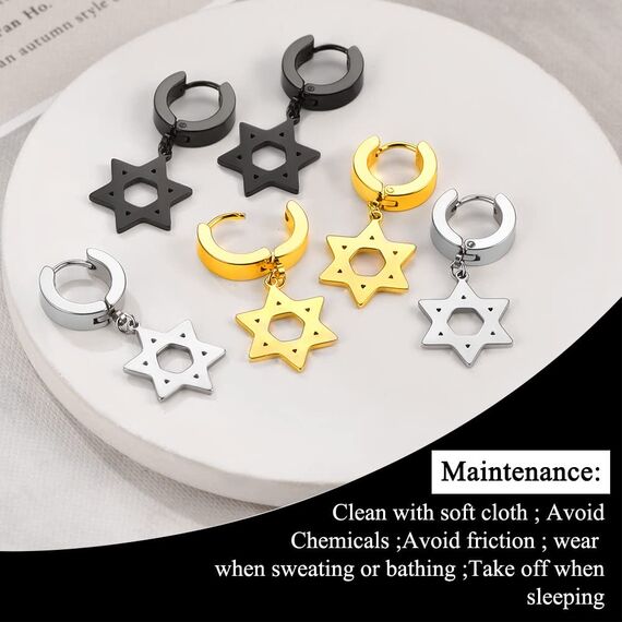 U7 Kleine Creolen mit Davidstern Anhänger Edelstahl Biker Gotik Hängeohrringe Punk Rock Huggie Kreolen Hoop Earrings Modeschmuck für Männer Frauen