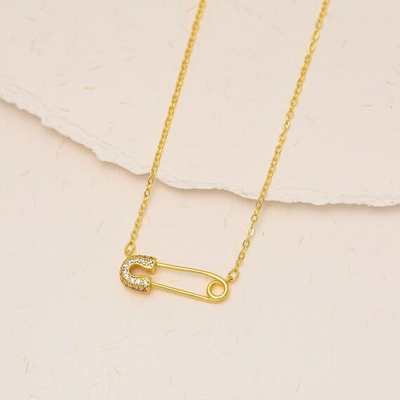 HANLI 14K Gold Vergoldet Halsketten Damen - Zarte Sicherheitsnadel Anhänger Kette mit Cubic Zirkonia für Frauen Mädchen Wasserfeste Hautverträglich Schmuck