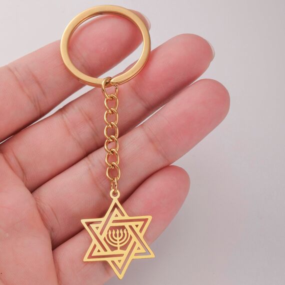 VASSAGO Davidstern Schlüsselanhänger für Frauen Männer Jüdischer Stern Menorah Schlüsselanhänger Edelstahl Chanukka Schlüsselanhänger Religiöser Schmuck (Gold silber)