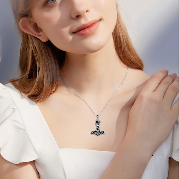 CUPENDA Thor Hammer Halskette Sterling Silber Mjolnir Baum des Lebens Anhänger mit Schwarzer Obsidian Nordic Wikinger Schmuck Geschenke für Damen