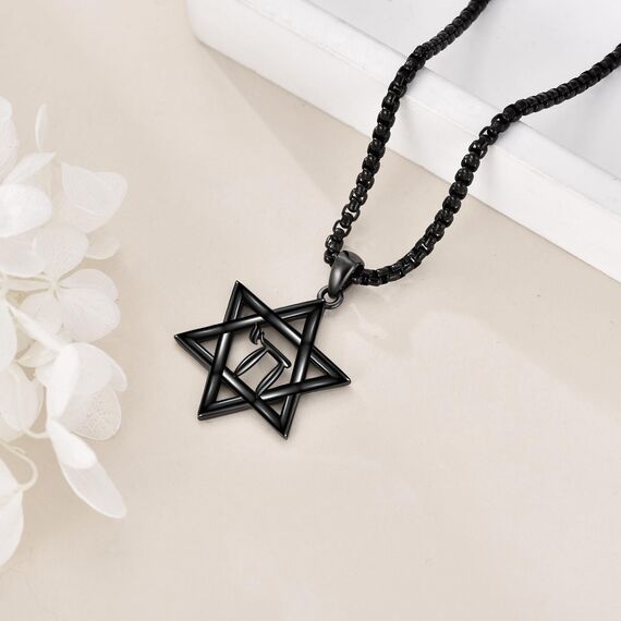 URONE Davidstern Kette Silber 925 Davidstern Anhänger Schwarz mit Chai David Stern Schmuck Geschenke für Damen Herrn