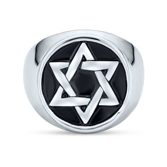 Bling Jewelry Personalisiere Große Religiöse Aussage Magen Judaic Hanukkah Davidstern Bar Mitzvah Runden Siegelring Für Männer Emaille Silber Ton Edelstahl Individuell Graviert