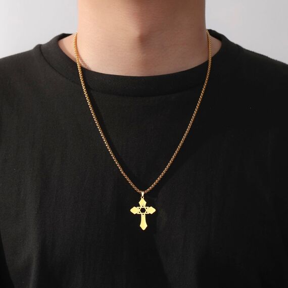 kkjoy Kreuz mit Davidstern Anhänger Halskette Ohrringe Schlüsselanhänger Edelstahl Hexagramm am Kreuz Gebetsamulett Schmuck für Frauen Männer (Halskette C (Kastenkette, 60cm)-Gold)