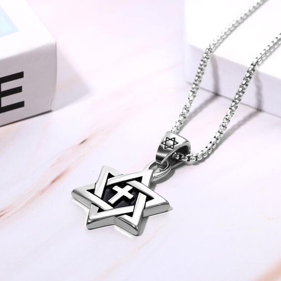 JewelryWe Davidstern Kreuz Halskette Herren: 2er Set Edelstahl Hexagramm Salomon Sechsspitzer Stern Anhänger Amulett Kette Jüdisch Israel Religiös David Schmuck Geschenk für Männer Frauen