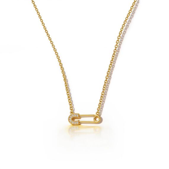 HANLI 14K Gold Vergoldet Halsketten Damen - Zarte Sicherheitsnadel Anhänger Kette mit Cubic Zirkonia für Frauen Mädchen Wasserfeste Hautverträglich Schmuck