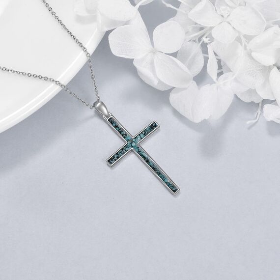 YFN Kreuz Halskette Sterling Silber Türkis Kreuz Anhänger Religiöser Schmuck Geschenke für Damen Herren Mädchen Jungen