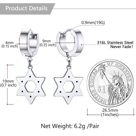 U7 Kleine Creolen mit Davidstern Anhänger Edelstahl Biker Gotik Hängeohrringe Punk Rock Huggie Kreolen Hoop Earrings Modeschmuck für Männer Frauen