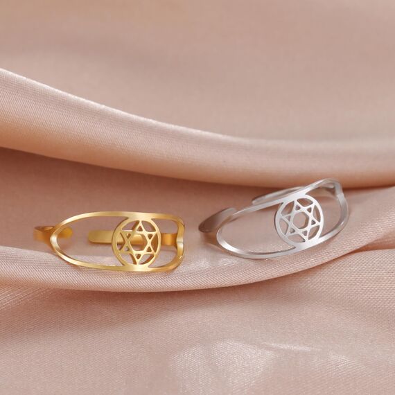 TEAMER Davidstern-Ring aus Edelstahl, verstellbar, Vintage-Fingerring, jüdischer Magen-Amulett-Schmuck für Frauen (Stil 3 – Gold)