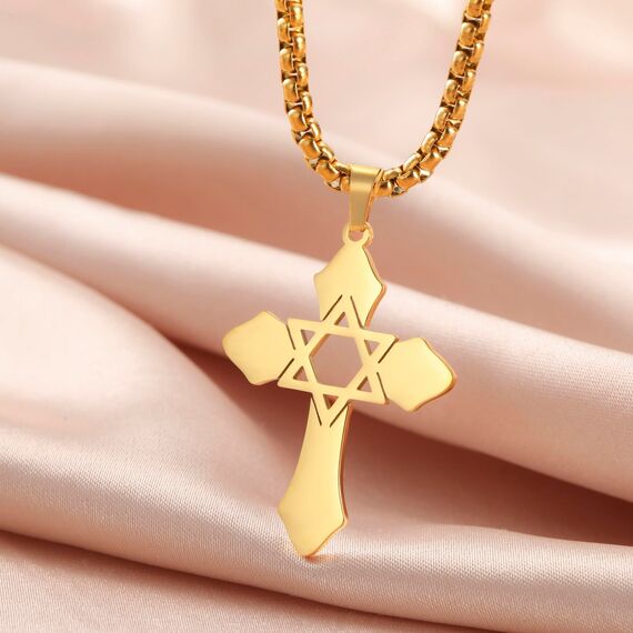 kkjoy Kreuz mit Davidstern Anhänger Halskette Ohrringe Schlüsselanhänger Edelstahl Hexagramm am Kreuz Gebetsamulett Schmuck für Frauen Männer (Halskette C (Kastenkette, 60cm)-Gold)