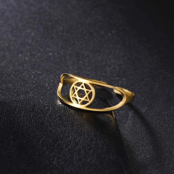 TEAMER Davidstern-Ring aus Edelstahl, verstellbar, Vintage-Fingerring, jüdischer Magen-Amulett-Schmuck für Frauen (Stil 3 – Gold)
