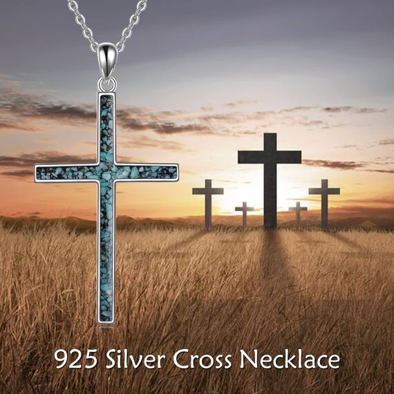YFN Kreuz Halskette Sterling Silber Türkis Kreuz Anhänger Religiöser Schmuck Geschenke für Damen Herren Mädchen Jungen