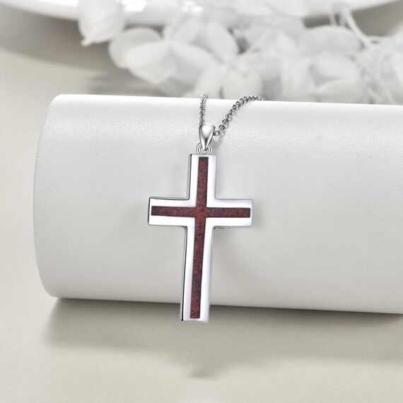 YFN Kreuz Halskette Sterling Silber Rote Koralle Kreuz Anhänger Schmuck Geschenke für Damen Herren Mädchen Jungen