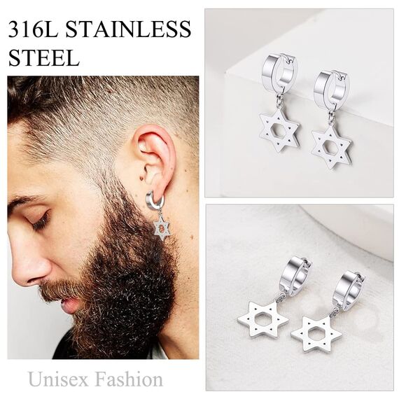 U7 Kleine Creolen mit Davidstern Anhänger Edelstahl Biker Gotik Hängeohrringe Punk Rock Huggie Kreolen Hoop Earrings Modeschmuck für Männer Frauen