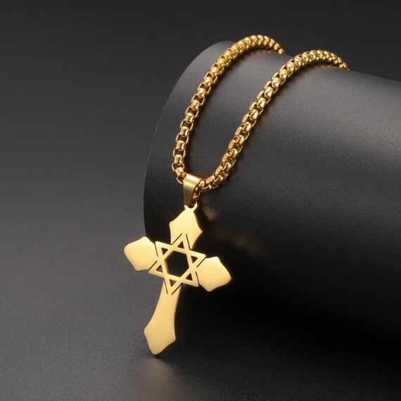 kkjoy Kreuz mit Davidstern Anhänger Halskette Ohrringe Schlüsselanhänger Edelstahl Hexagramm am Kreuz Gebetsamulett Schmuck für Frauen Männer (Halskette C (Kastenkette, 60cm)-Gold)