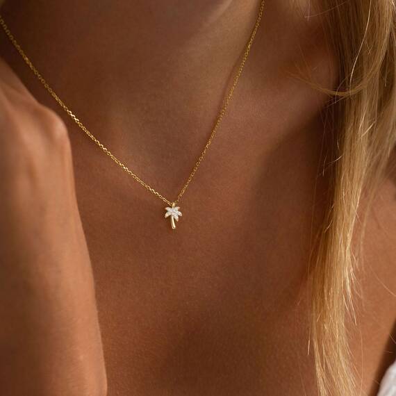 HANLI 14K Gold Vergoldet Halsketten Damen - Zarte Palme Anhänger Kette mit Cubic Zirkonia für Frauen Mädchen Wasserfeste Hautverträglich Schmuck