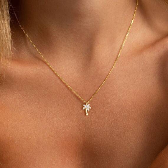 HANLI 14K Gold Vergoldet Halsketten Damen - Zarte Palme Anhänger Kette mit Cubic Zirkonia für Frauen Mädchen Wasserfeste Hautverträglich Schmuck