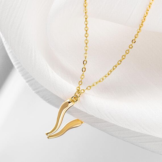 HANLI 14K Gold Vergoldet Halsketten Damen - Zarte Italienisches Horn Anhänger Kette mit Cubic Zirkonia für Frauen Mädchen Wasserfeste Hautverträglich Schmuck