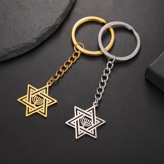 VASSAGO Davidstern Schlüsselanhänger für Frauen Männer Jüdischer Stern Menorah Schlüsselanhänger Edelstahl Chanukka Schlüsselanhänger Religiöser Schmuck (Gold silber)