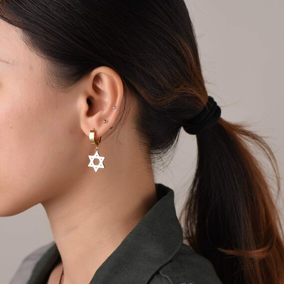 U7 Kleine Creolen mit Davidstern Anhänger Edelstahl Biker Gotik Hängeohrringe Punk Rock Huggie Kreolen Hoop Earrings Modeschmuck für Männer Frauen