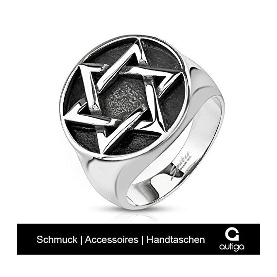 Autiga Edelstahl Ring Herren Davidstern Biker Hexagramm Gothic Massiv Silber-schwarz 64 - Ø 20,57 mm