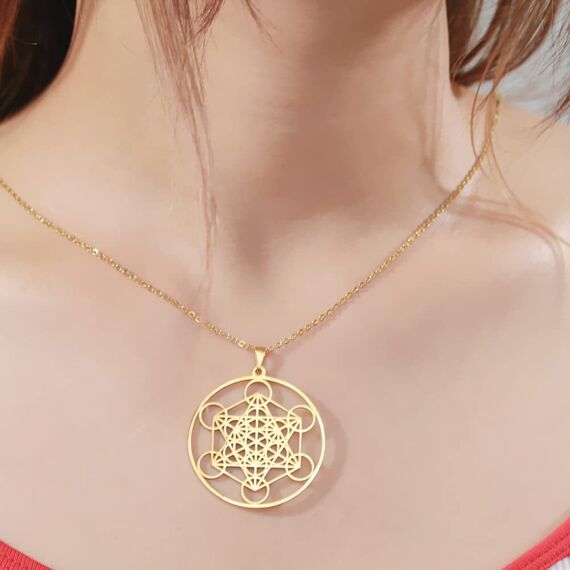 Amaxer Metatrons Cube Halskette für Frauen Davidstern Erzengel Metatron Schutzerklärung Ausgehöhlte Edelstahlkette Anhänger Charm Halskette für Frauen Mädchen (Metatron Würfel-Gold)