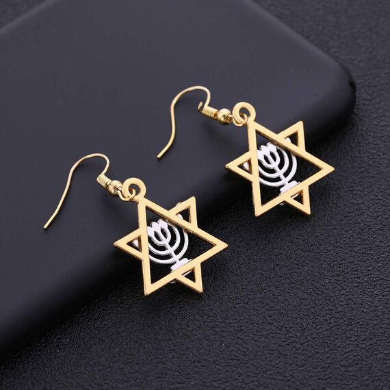 VASSAGO Religiöser jüdischer Davidstern, Israel, Chanukka, Menora, Kerze, Kerzenständer, Tropfenohrring für Frauen und Mädchen, Metall