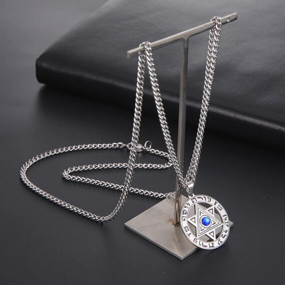 UNIFT Davidstern-Halskette für Damen, jüdische mehrlagige Halskette aus Edelstahl, hebräische Inschrift, Hexagramm, blauer Diamant, runder Anhänger, doppellagige Halskette, Schmuckgeschenke, Edelstahl