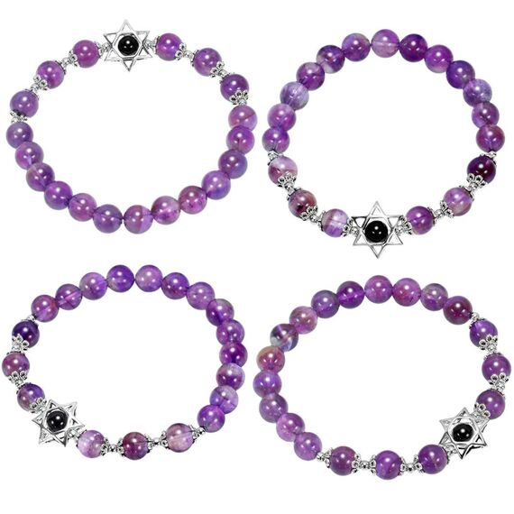 mookaitedecor Davidstern Heilstein Armband für Unisex, 16cm elastisch, Amethyst Hexagramm Edelstein Perlen Charm Stretch Armband