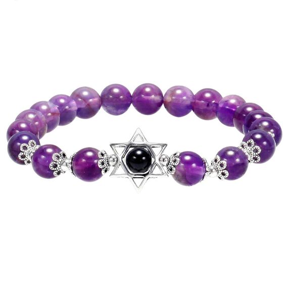 mookaitedecor Davidstern Heilstein Armband für Unisex, 16cm elastisch, Amethyst Hexagramm Edelstein Perlen Charm Stretch Armband