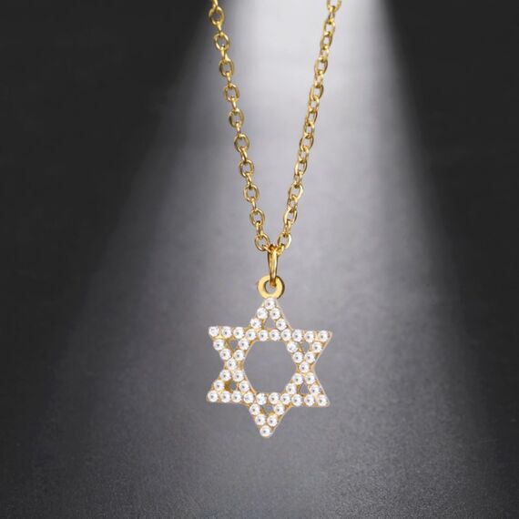 VASSAGO Davidstern Anhänger Halskette Salomon Sechsspitzer Stern Talisman Edelstahl Hexagramm jüdischer Israel Schmuck für Männer (Gold-CZ)