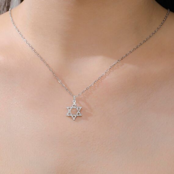 VASSAGO Davidstern Anhänger Halskette Salomon Sechsspitzer Stern Talisman Edelstahl Hexagramm jüdischer Israel Schmuck für Männer (Silber-CZ)