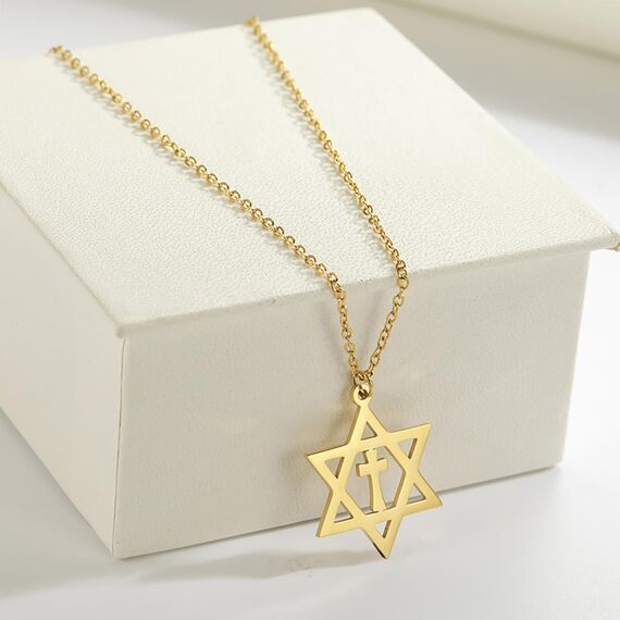 EUEAVAN Davidstern Halskette für Frauen Hexagramm Anhänger Halskette Amulett Symbo Jüdisch Israel Religiös David Schmuck Geschenk Frauen (Davids Kreuz Halskette Gold 2)