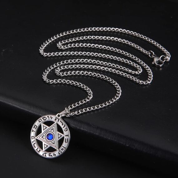 UNIFT Davidstern-Halskette für Damen, jüdische mehrlagige Halskette aus Edelstahl, hebräische Inschrift, Hexagramm, blauer Diamant, runder Anhänger, doppellagige Halskette, Schmuckgeschenke, Edelstahl