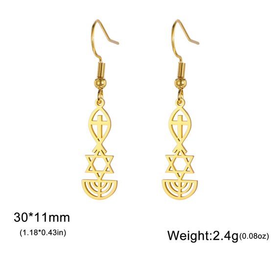 Messianisches Siegel Ohrringe Messianisches Siegel von Jerusalem Ohrringe Davidstern, Ichthus mit Kreuz, Menora, Jüdischer Stern Ohrringe Religiöser Chanukka-Schmuck Zeichen des Gebets (Gold)