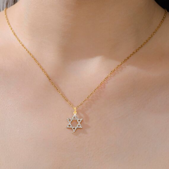 VASSAGO Davidstern Anhänger Halskette Salomon Sechsspitzer Stern Talisman Edelstahl Hexagramm jüdischer Israel Schmuck für Männer (Gold-CZ)