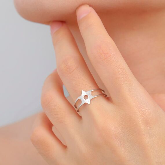 UNIFT Davidstern Jüdischen Hebräischen Ring für Frauen Männer Edelstahl Einfache Hexagramm Mit Hebräischen Chai Segen Offene Ringe Schmuck Chanukka Geschenke, One Size, Edelstahl, Kein Edelstein